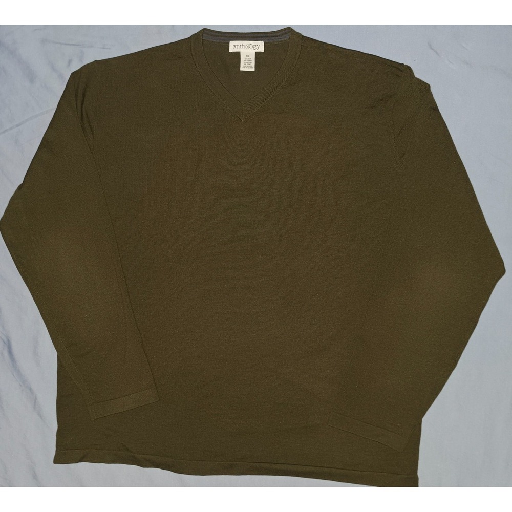 Anthology Men's Green Sweater Silk/Tencel V Neck Size XL Preppy Luxury